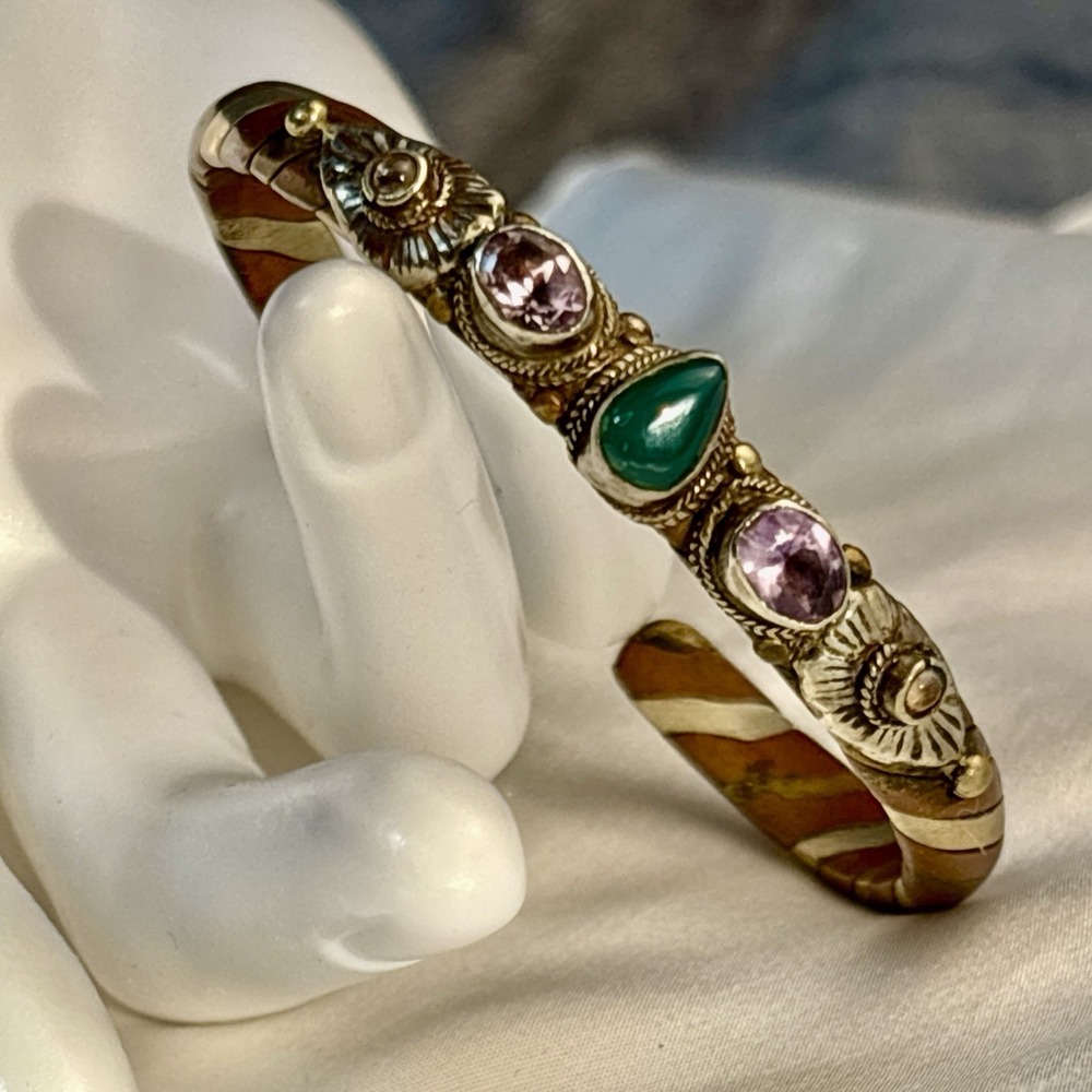 Vintage Gem Stone Bangle Brass Copper Twist Bracelet Purple Green Boho